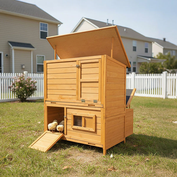 English Elm Chicken Coop Spruce Wood Double House for 8 Birds with Nesting Boxes Flip Roof W3166P506394