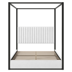 English Elm Queen Velvet Upholstered Canopy Bed White Metal 4 Poster Frame No Box Spring GX001031AAB