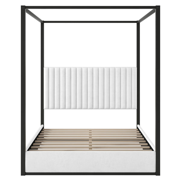 English Elm Queen Velvet Upholstered Canopy Bed White Metal 4 Poster Frame No Box Spring GX001031AAB