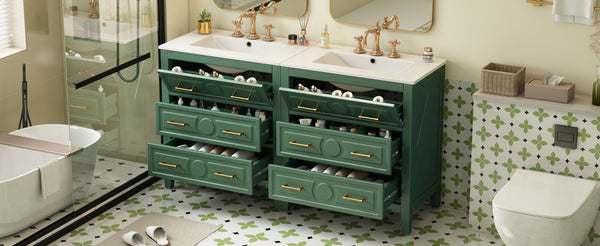 English Elm 60'' Freestanding Bathroom Vanity With Ceramic Sink, Charming Green Finish & Ample Storage Space N710SS00003F