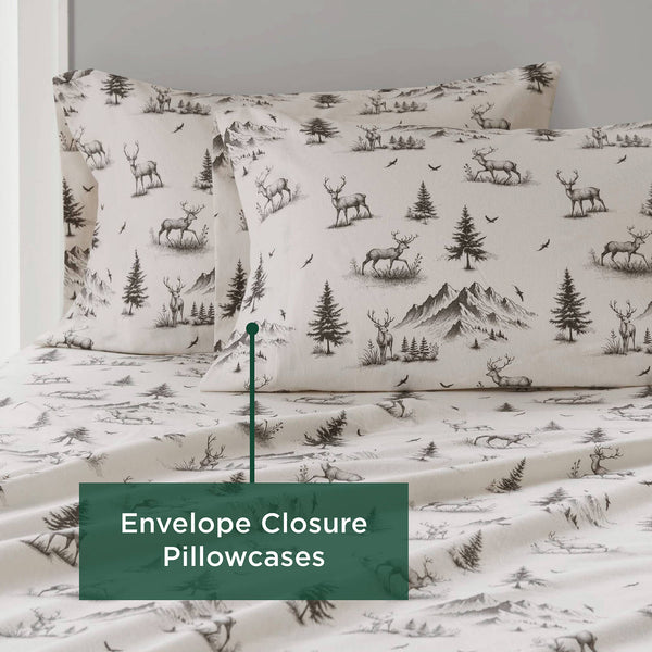 English Elm 4 Pcs King Sheet Set - Cozy Gray Deer Toile Flannel For Ultimate Comfort & Woodland Charm B035P319774