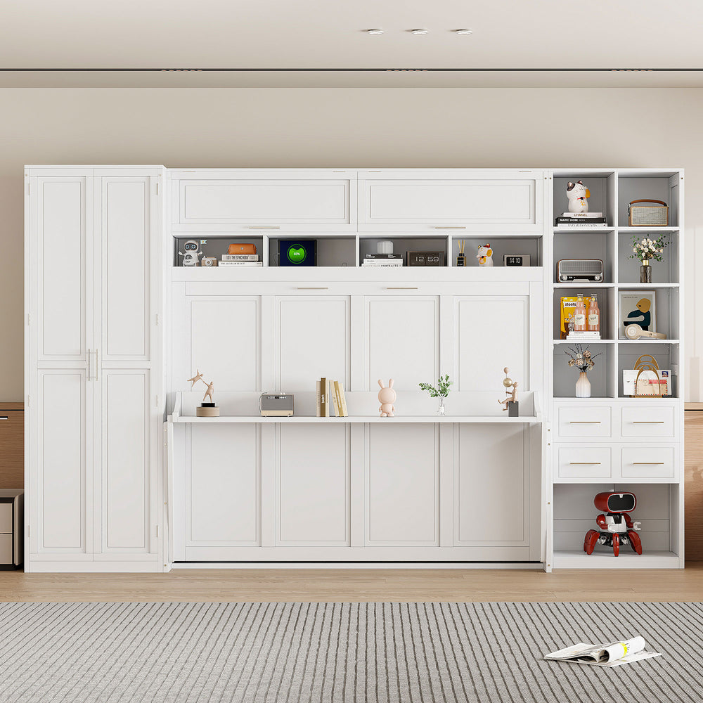 English Elm Queen Murphy Wall Bed Cabinet System with Wardrobe Drawers and Shelving in White Mdf LP000384AAK-1