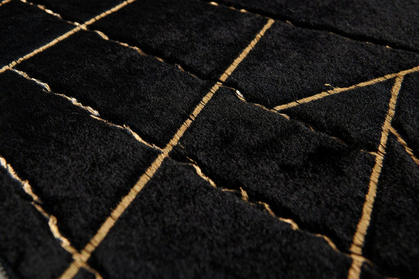 English Elm Luxury Machine Washable Black Faux Fur Area Rug With Gold Geometric Design For Modern Homes B030P233702