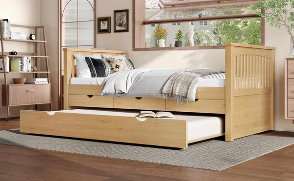 English Elm Twin Solid Wood Platform Bed with Trundle and Two Drawers, White Daybed for Kids Guests Natural W1580S00264