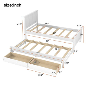 English Elm Twin Pine Platform Bed with Pull-out Trundle Storage Drawers for Kids or Guests White N7090008815K