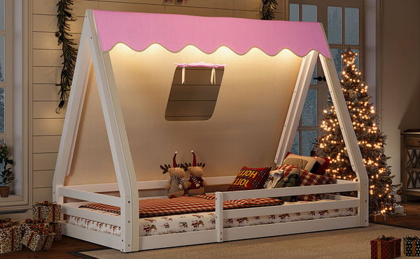 English Elm Twin Montessori Floor Bed Solid Pine Teepee Frame with Guardrails and Canopy Light W1580P369465
