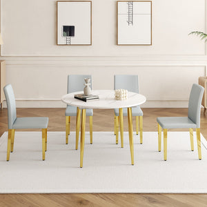 English Elm Table and Chair Set Extendable Round Mdf Top Gold Legs Four Pu Dining Seats Light Gray,White+Gold W1151S04831