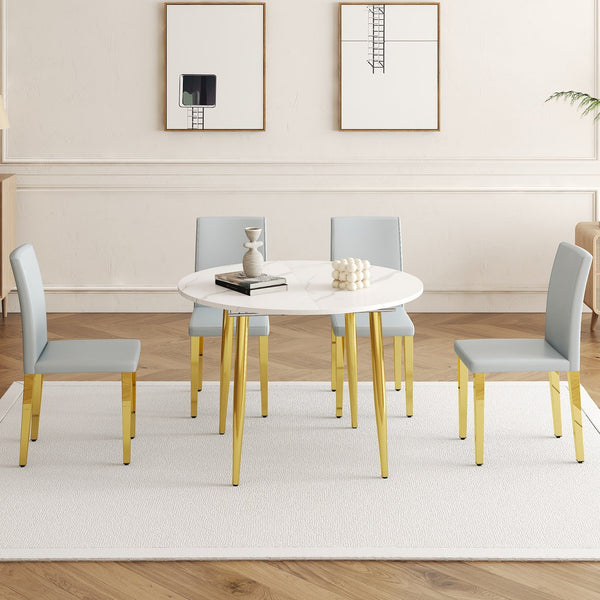 English Elm Table and Chair Set Extendable Round Mdf Top Gold Legs Four Pu Dining Seats Light Gray,White+Gold W1151S04831