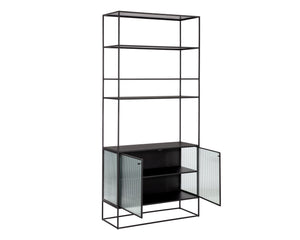 Sunpan Parsons Bookcase - Timeless Mid-Century Modern Design with Fluted Glass Doors and Matte Black Frame