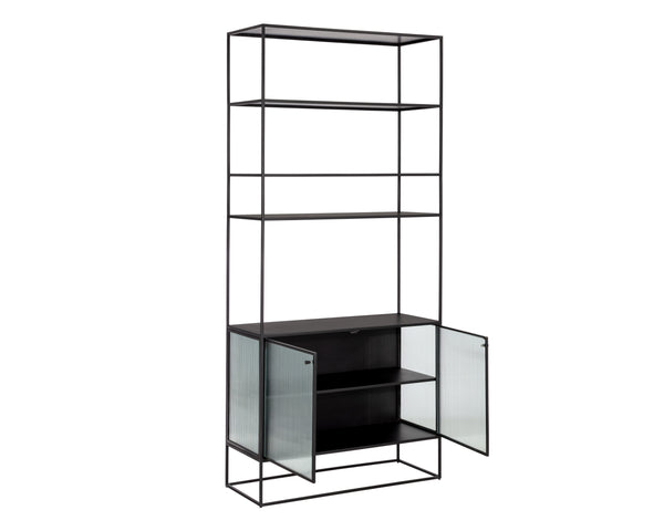 Sunpan Parsons Bookcase - Timeless Mid-Century Modern Design with Fluted Glass Doors and Matte Black Frame