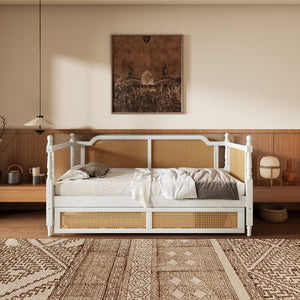 English Elm Traditional Rattan Headboard Twin Daybed Pine Frame with Under Bed Storage Drawers BS701P193919K