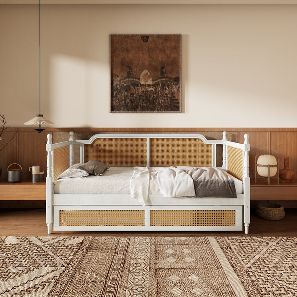 English Elm Traditional Rattan Headboard Twin Daybed Pine Frame with Under Bed Storage Drawers BS701P193919K