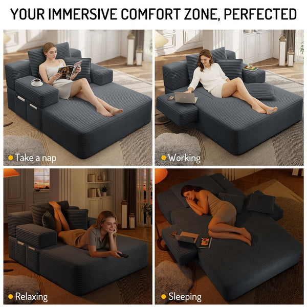 English Elm Luxurious Corduroy Convertible Chaise Lounge Sofa Bed with Foam Support for Apartments Dark Gray W3219P449014