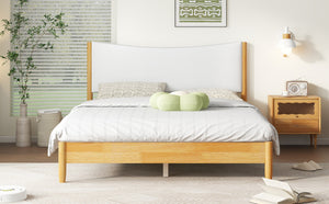 English Elm Queen Size Solid Rubberwood Bed With Boucle Upholstered Headboard, Sleek Beech White Finish & Support W504P184308-GIGA