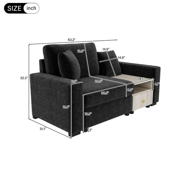 English Elm Modern Chenille Upholstered Compact Sofa with Console Storage Armrest for Living Room Black N763S000061B