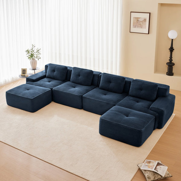 English Elm 153" Modern U-Shaped Modular Sectional Sofa With Movable Ottomans, Deep Seats & Elegant Design, Blue W714S01500