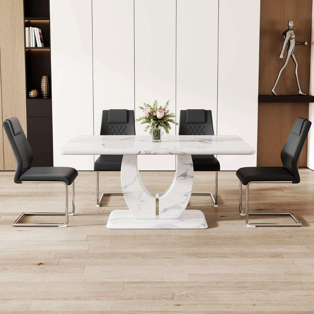 English Elm Table Marble-Pattern Mdf Dining Set – Modern 63"X37" Table With 4 Ergonomic Black Pu Chairs W1151S02183-GIGA