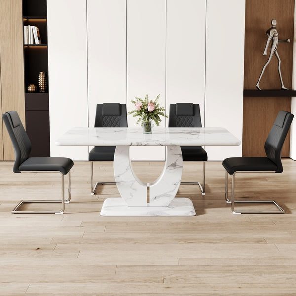 English Elm Table Marble-Pattern Mdf Dining Set – Modern 63"X37" Table With 4 Ergonomic Black Pu Chairs W1151S02183-GIGA