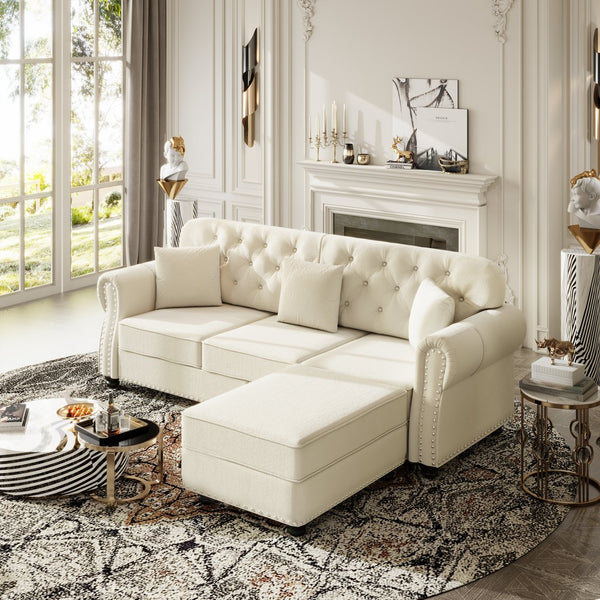 English Elm 82.6"upholstered Velvet Chesterfield Sofa with Button Tufting Nailhead Trim Rolled Arms Beige+White W1885S00370