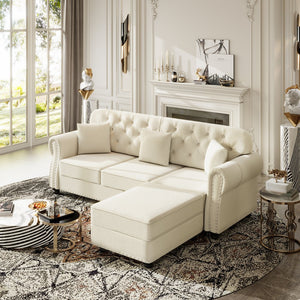 English Elm Upholstered Velvet Chesterfield Sofa with Button Tufting Nailhead Trim and Ottoman Beige+White W1885S00394