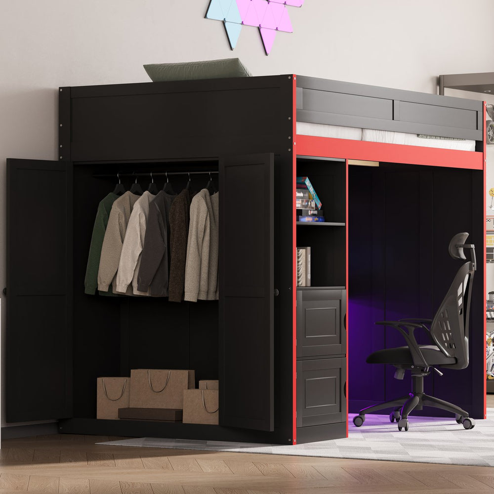 English Elm Gaming Full Loft Bed with Built-in Desk Led Lights and Storage for Teen Rooms N709P004103J