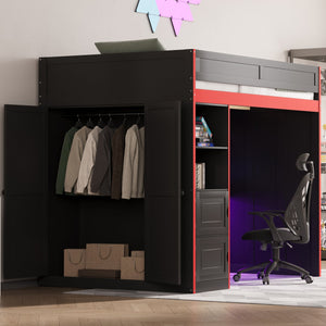 English Elm Gaming Full Loft Bed with Built-in Desk Led Lights and Storage for Teen Rooms N709P004103J