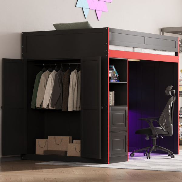 English Elm Gaming Full Loft Bed with Built-in Desk Led Lights and Storage for Teen Rooms N709P004103J