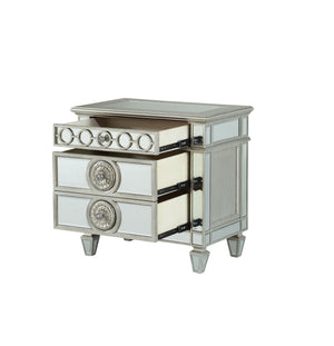 English Elm Varian Mirrored Nightstand Silver with Sunburst Trim, Crystal Knobs, Felt Lined Drawer, Mirrored Legs B2726P261261