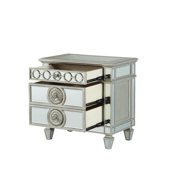 English Elm Varian Mirrored Nightstand Silver with Sunburst Trim, Crystal Knobs, Felt Lined Drawer, Mirrored Legs B2726P261261