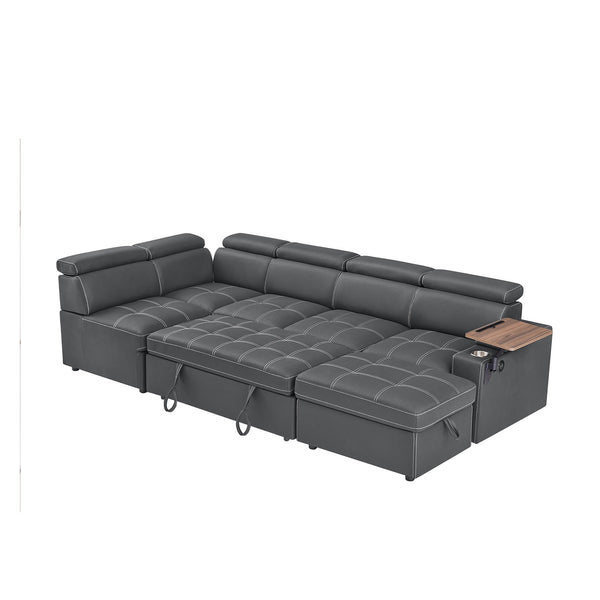 English Elm Grey Fabric Sectional Sofa Bed with Storage Ottoman, Pocket Spring Seats, Foam Comfort, Black Legs W588S00074