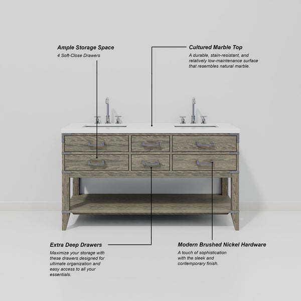 English Elm Grey Oak Double Bath Vanity With Cultured Marble Top & Faucet Set - Stylish & Functional Design! B2731P260271