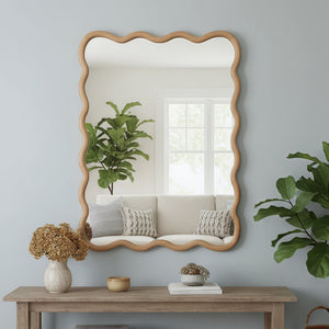 English Elm Natural Wood Wavy Rectangle Solid Wood Frame Mirror 30x40" Rustic Tempered Glass Vanity Decor W2203P389064