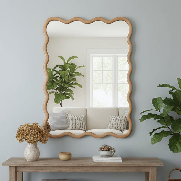 English Elm Natural Wood Wavy Rectangle Solid Wood Frame Mirror 30x40" Rustic Tempered Glass Vanity Decor W2203P389064