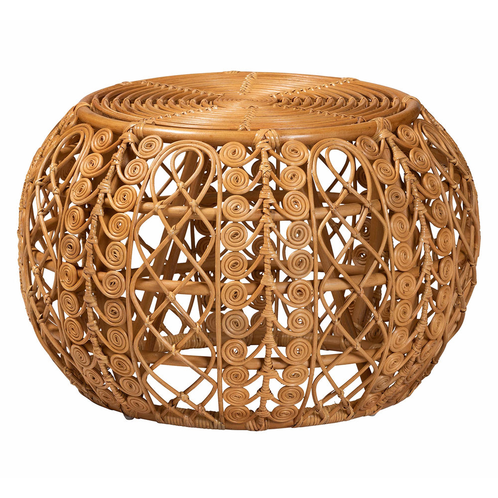 English Elm Modern Rattan Round Coffee Table Handcrafted Openwork Base for Bohemian Living Rooms B2750P467701