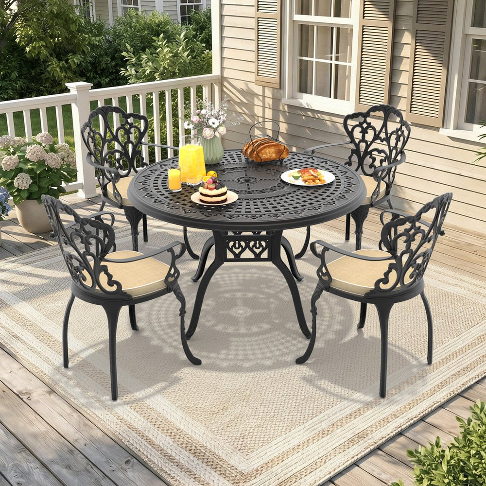 English Elm 5-piece Cast Aluminum Outdoor Dining Set with Ornate Relief Patterned Chairs and Table W1710S00564