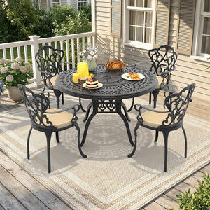 English Elm 5-piece Cast Aluminum Outdoor Dining Set with Ornate Relief Patterned Chairs and Table W1710S00564