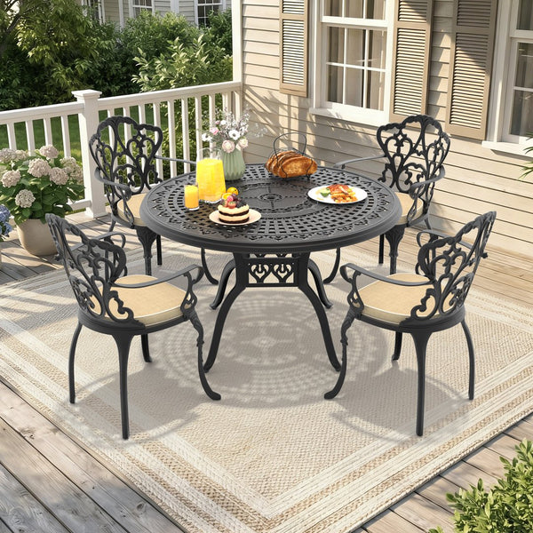 English Elm 5-piece Cast Aluminum Outdoor Dining Set with Ornate Relief Patterned Chairs and Table W1710S00564