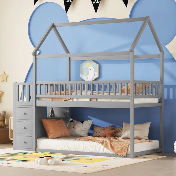 English Elm Twin/twin House Bunk Bed Solid Pine Playhouse Frame with Storage Drawers Shelves Grey W697S00033