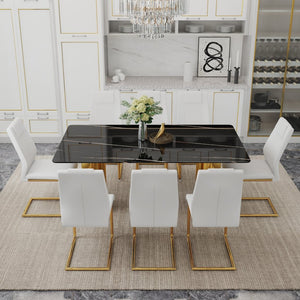 English Elm Table And 8 Chairs Set - Elegant Glass Top With Imitation Marble & Gold Stainless Steel Legs W1151S04327-GIGA