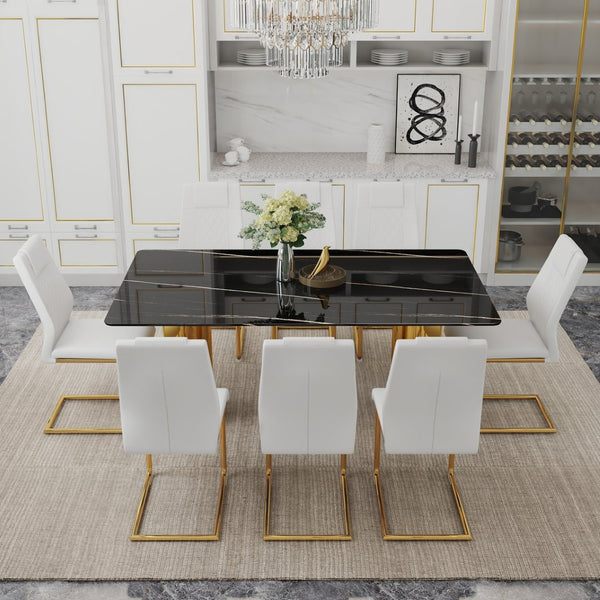 English Elm Table And 8 Chairs Set - Elegant Glass Top With Imitation Marble & Gold Stainless Steel Legs W1151S04327-GIGA
