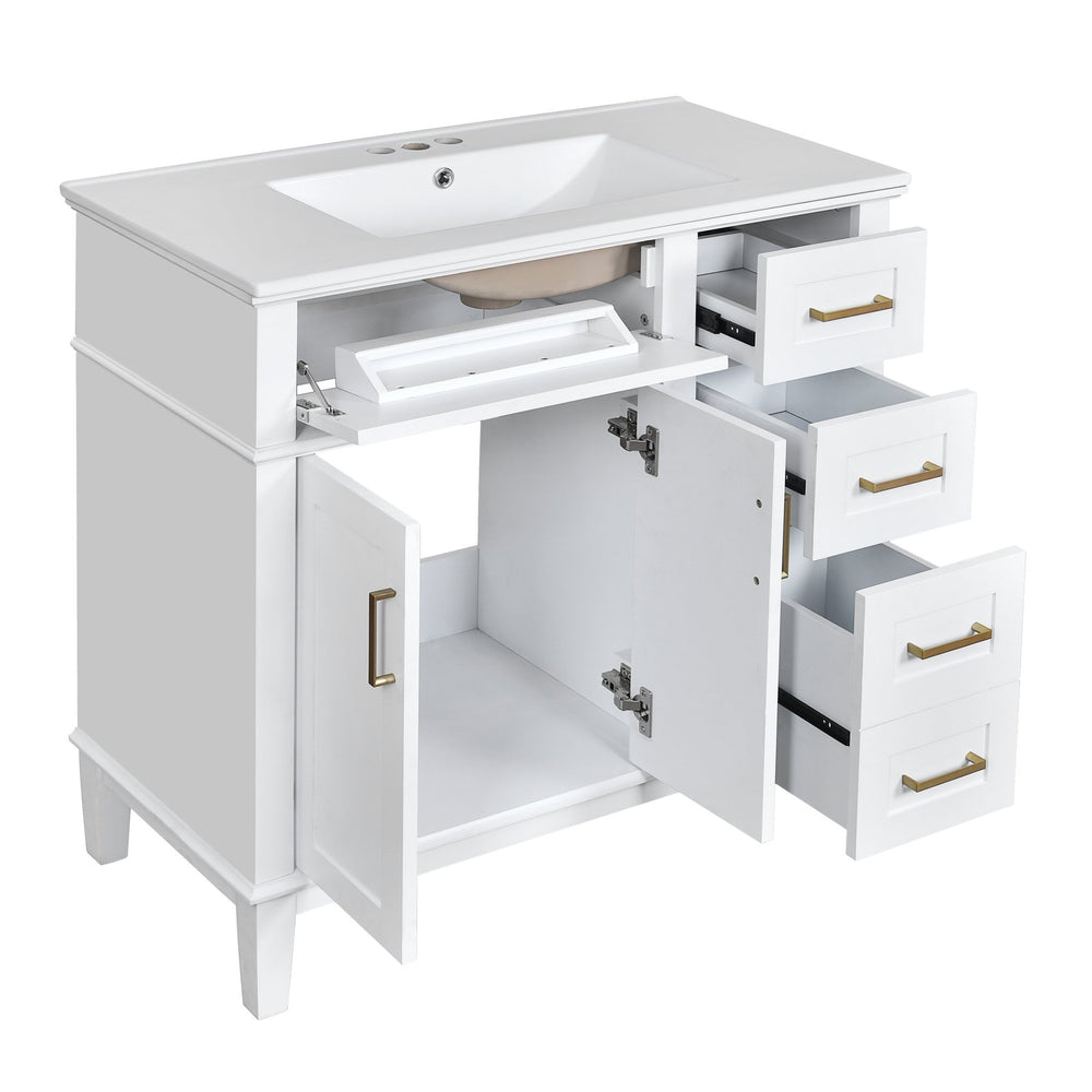 English Elm 36" White Modern Bathroom Vanity with Ceramic Sink, 4 Soft-Close Drawers & Doors, Durable Solid Wood N729P253935K