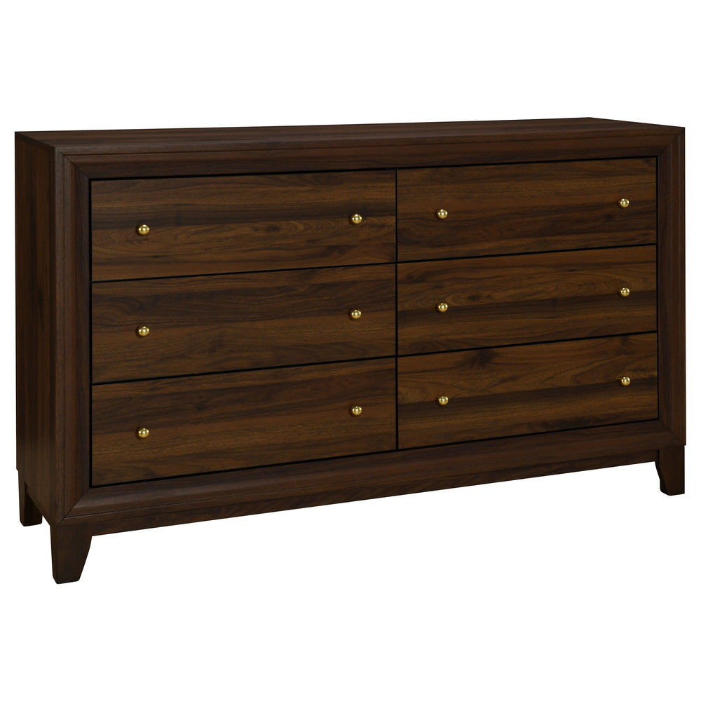 English Elm Anza Six Drawer Walnut Grain Dresser with Gold Knobs for Modern Bedroom Storage B062P451889