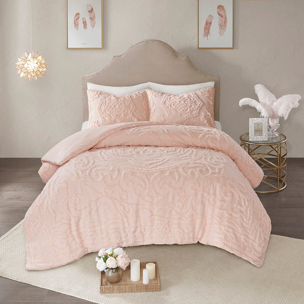 JLA Home Madison Park - 3-Piece Laetitia Tufted Cotton Chenille Medallion Comforter Set – Boho Shabby-Chic Textured OEKO-TEX Quality Blush MP10-5878