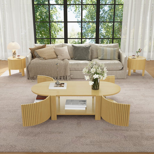 English Elm Oval Fluted Rubberwood Coffee Table with Open Storage Shelf for Living Room Natural N735P369880N