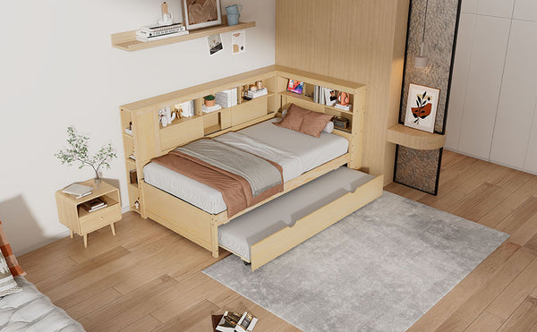 English Elm Twin Daybed with Built-In Shelves, USB Port & Trundle — Solid Pine Frame, Sturdy Storage and Smooth Wheels for Space-Saving Sleep Solutions Natural GX000467AAN