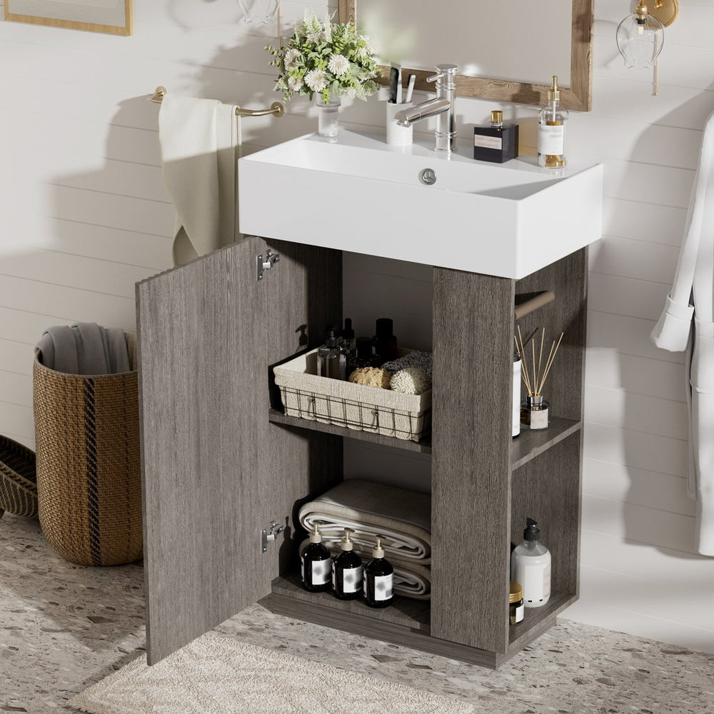 English Elm [video]21.6" Freestanding Bathroom Vanity Ceramic Sink Wavy Door Mdf Cabinet Small Bath Dark Gray N729P285504G