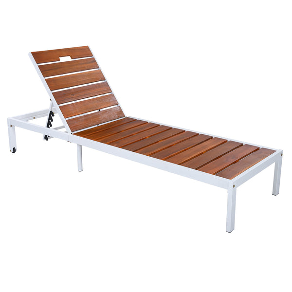 English Elm Outdoor Acacia Wood Slat Chaise Lounge with Powder Coated Frame for Patio Resort Brown,White N719P383161K