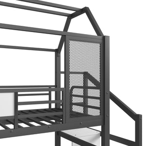 English Elm Twin House Loft Bed with Slide and Stairs, Metal Playhouse with Storage Shelves and Quiet Design Black W1580S00348