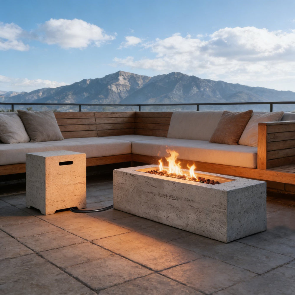 English Elm U_style Rectangular Outdoor Propane Fire Pit Mgo Set with Tank Cover Table Grey WY000498AAE