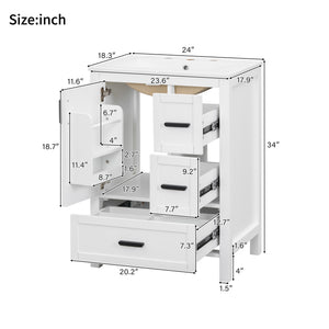 English Elm Modern 24 Inch Bathroom Vanity Solid Wood Cabinet with Ceramic Sink and Soft Close Storage White N729P292859K